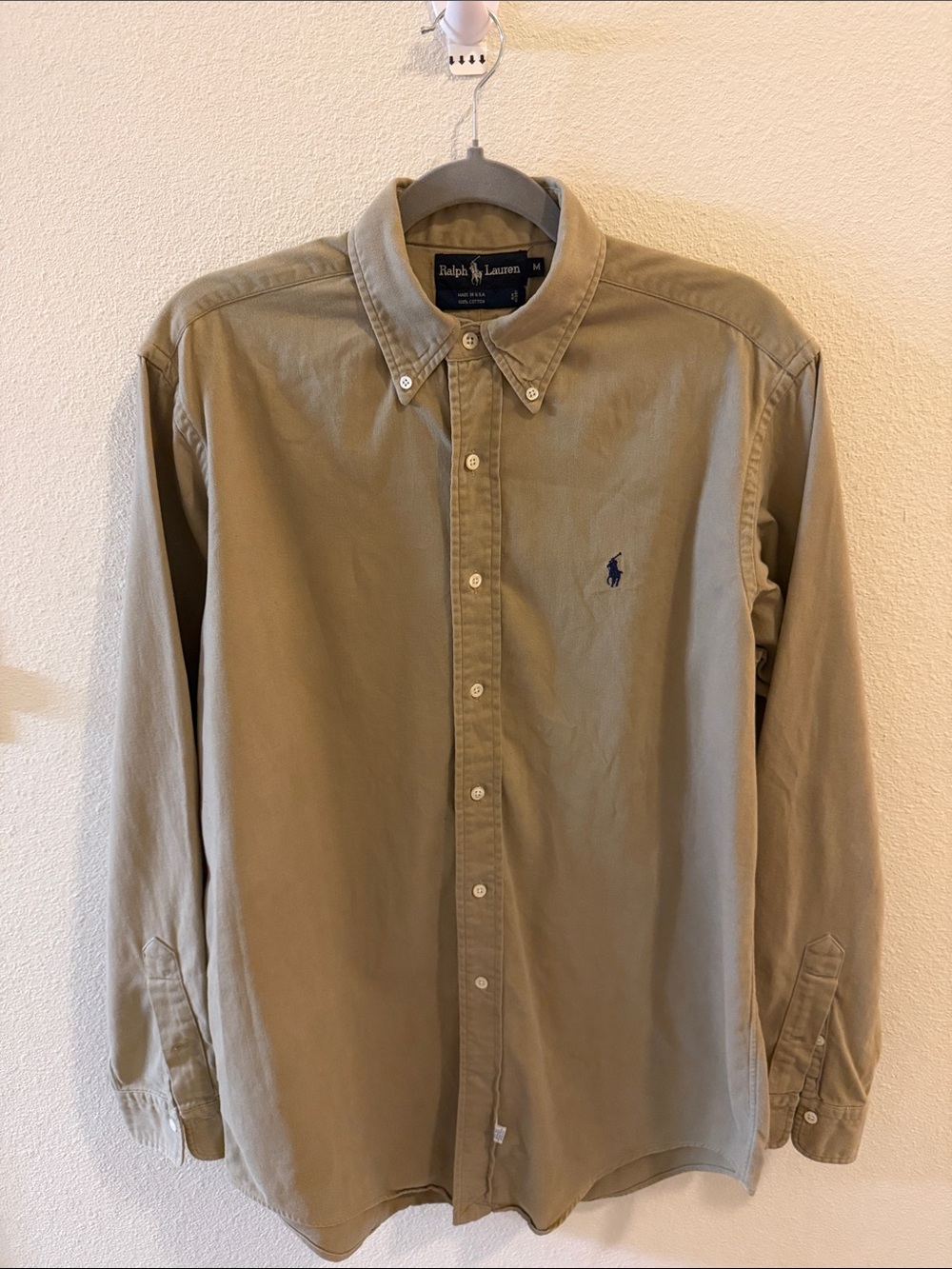Vintage Ralph Lauren Made in USA Khaki Button Down Shirt Men's M Blue Pony